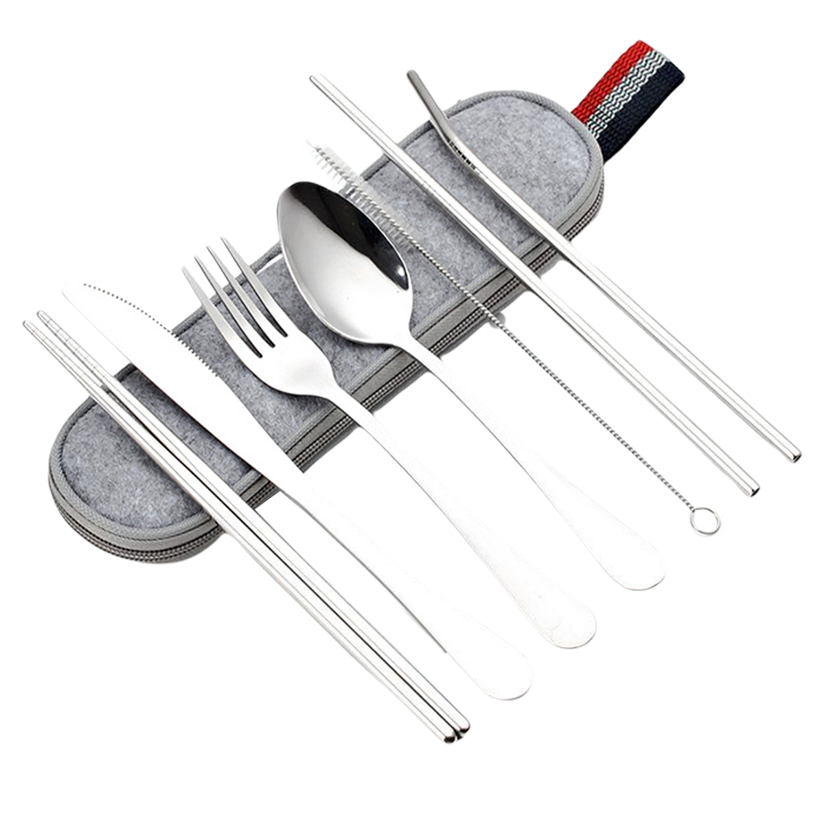 8PCS Stainless Steel Dinnerware Set Reusable Knife Fork Spoon Chopstick Cutlery Set Travel Outdoor Picnic Portable Tableware Bag