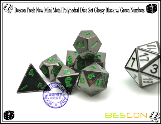 Bescon Fresh New Mini Metal Polyhedral Dice Set Glossy Black with Green Numbers-6