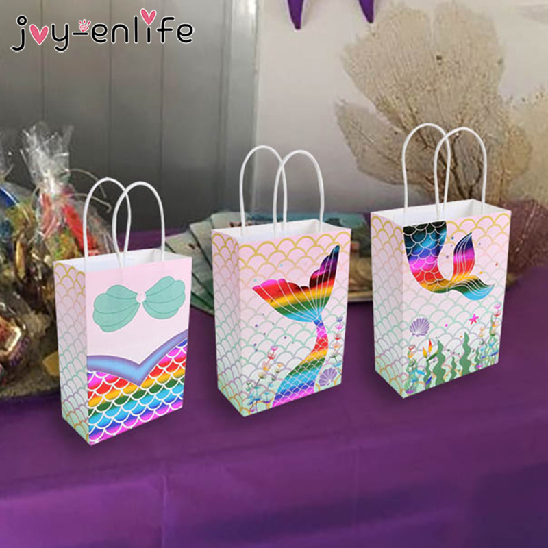 3pcs Glitter Little Mermaid Paper Bags Tote Bag Candy Box Gift Cookies Packaging Bags Mermaid Party Girl Birthday Party Favors