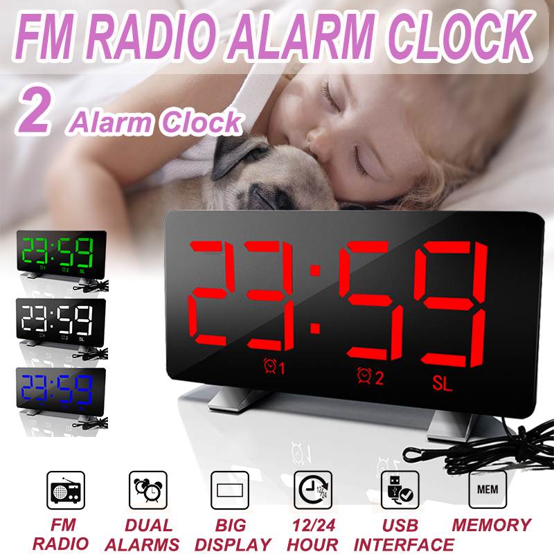 USB LED Alarm Clock FM Radio Digital Snooze Table Clock Wake Up Light Electronic Clock Dual Alarms Setting Home Decoration Alarm