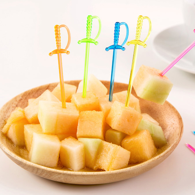 100pcs Colorful Sword Shape Snack Dessert Forks Fruits Fork Plastic Vegetable Fork Children Fruit Holder For Party
