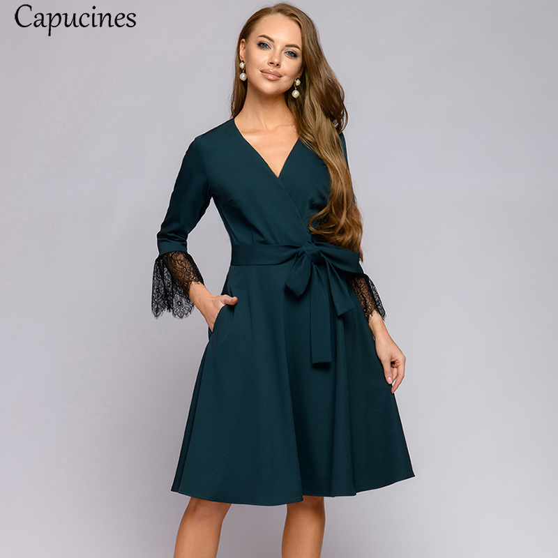 Capucines Elegant Lace Stitching V neck Woman Dress Autumn Wrist Sleeves Sashes Pockets Casual Dresses For Women Office Wear