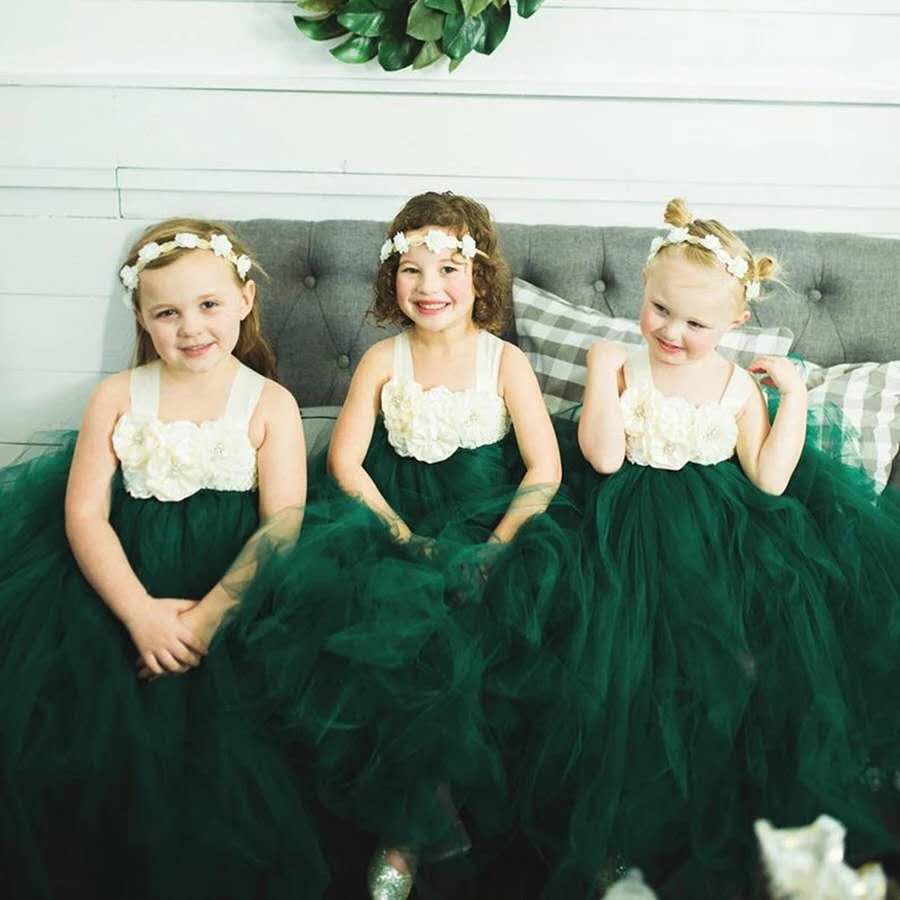 Girls Vintage Green Flower Tutu Dress Kids Tulle Dress Long Ball Gown with Ribbon Straps Children Birthday Party Costume Dresses