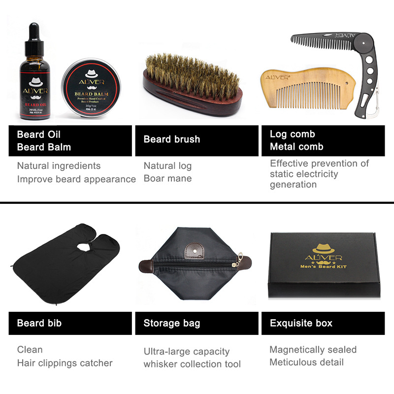7 Pcs/set Men Beard Care Suit Beard Comb Pig Bristle Brush Growth Cream Oil Beard Styling Care Cleaning Kit
