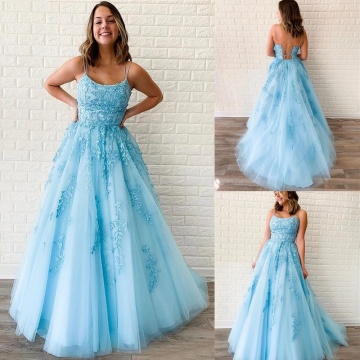 New Light Blue A-Line Long Floor Length Spaghetti Scoop Neck Net Lace Cute Prom Dresses for Girls Summer Selftie Party Gowns