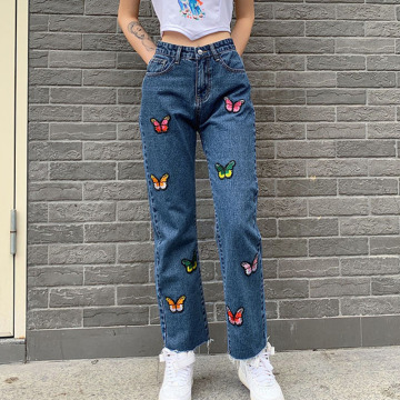 Women's Jeans Woman Cowboy Female Loose Long Trousers 2020 Casual Straight Jeans Butterfly Embroidered Denim Pants Streetwear