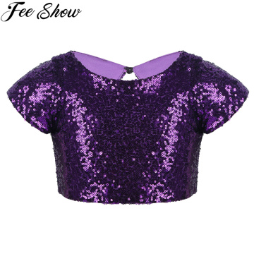 FEESHOW Kids Girls T Shirt Cap Sleeves Sparkly Sequins Keyhole Back Crop Top Dance Stage Performance Birthday Party Daily Wear