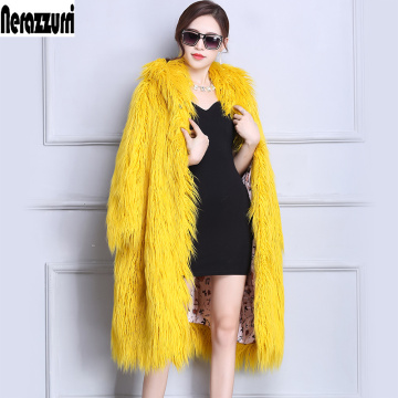 Nerazzurri Faux Fur Coat Winter Women 2018 With Hood Long Yellow Hairy Furry Fake fur Overcoat Oversized Loose Fluffy Outerwear