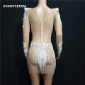 pearl Rhinestones Fringes Dress Stage Wear Transparent elastic mesh Singer Evening Performance Tassel Evening dress short Dress