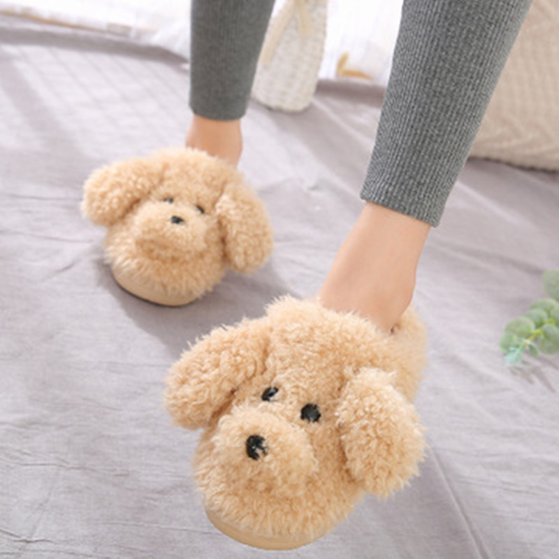 2019 New Autumn Winter Women Slippers cute cartoon puppy teddy wool cotton Home Soft anti-slip Fur Indoor Floor women Men Shoes