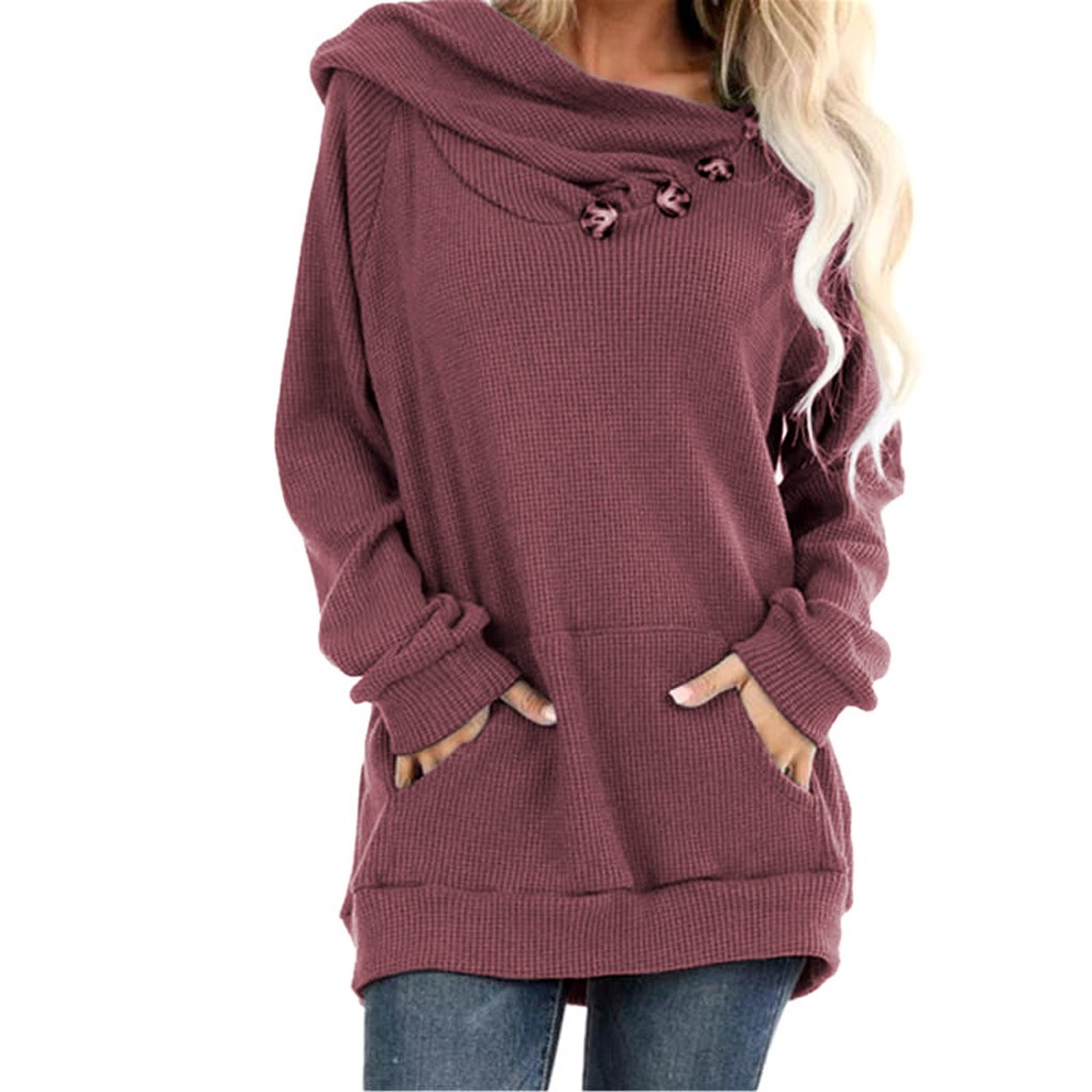 Women Hoodies Sweatshirt Solid-color Large Pocket Button Pleated Knit Hooded Long Sleeve Hoodies Sweatshirt Sudaderas Mujer