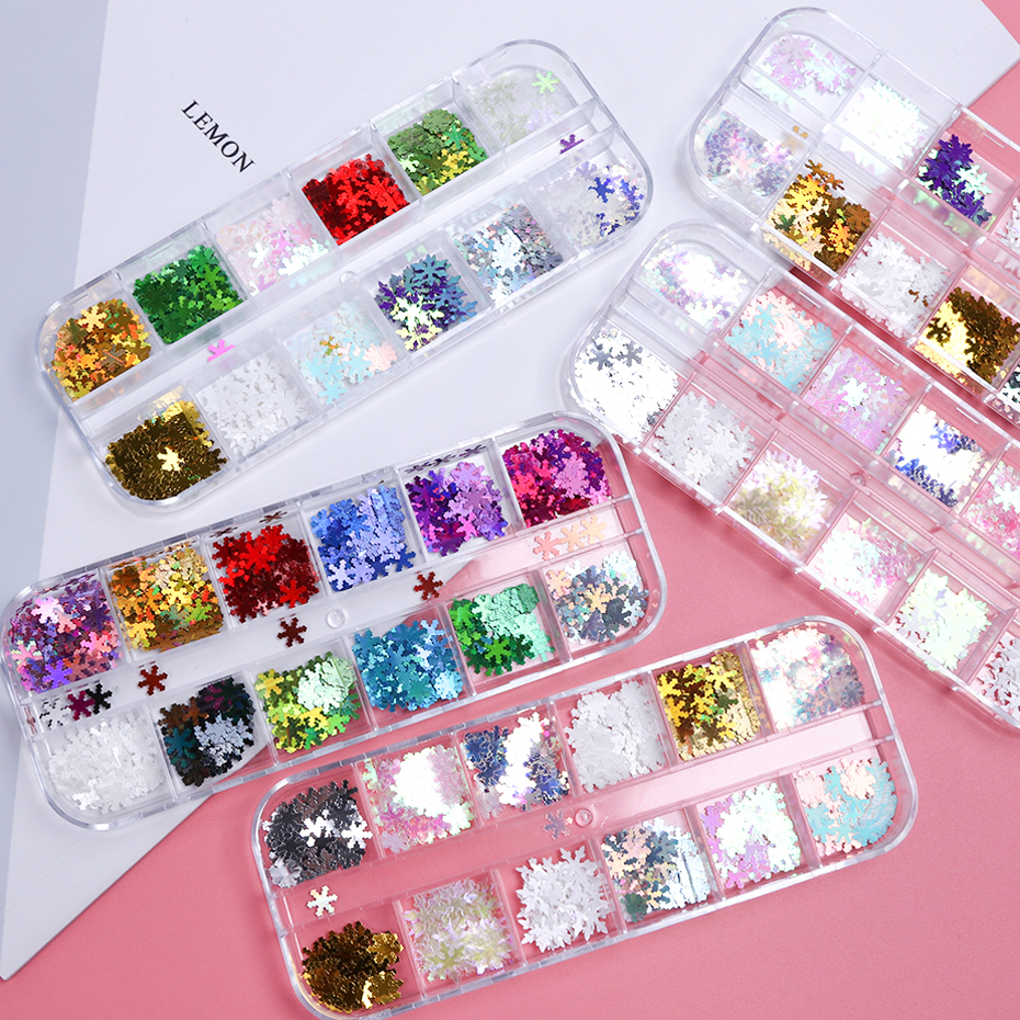 12 Grids Snowflake Nail Sequins 3D Laser Mirror Shiny Slices Winter Christmas Glitter Nail Art Decoration Accessories LEXHH01-05
