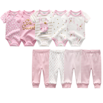 Summer Newborn Short Sleeve 5pcs Bunny Baby bodysuits+4pcs Unisex Baby pants Cotton 0-12M toddler Clothes Set Roupas de bebe