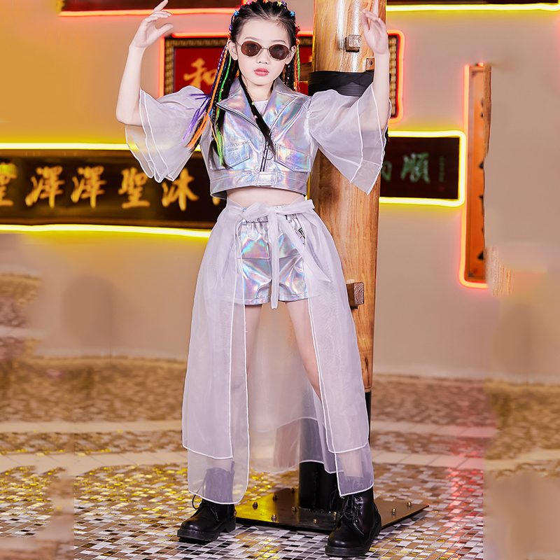 Kids Jazz Dance Costume Girls Silver Stage Performance Clothes Puff Sleeves Street Hip Hop Dancing Outfit Rave Party Wear Bl2995