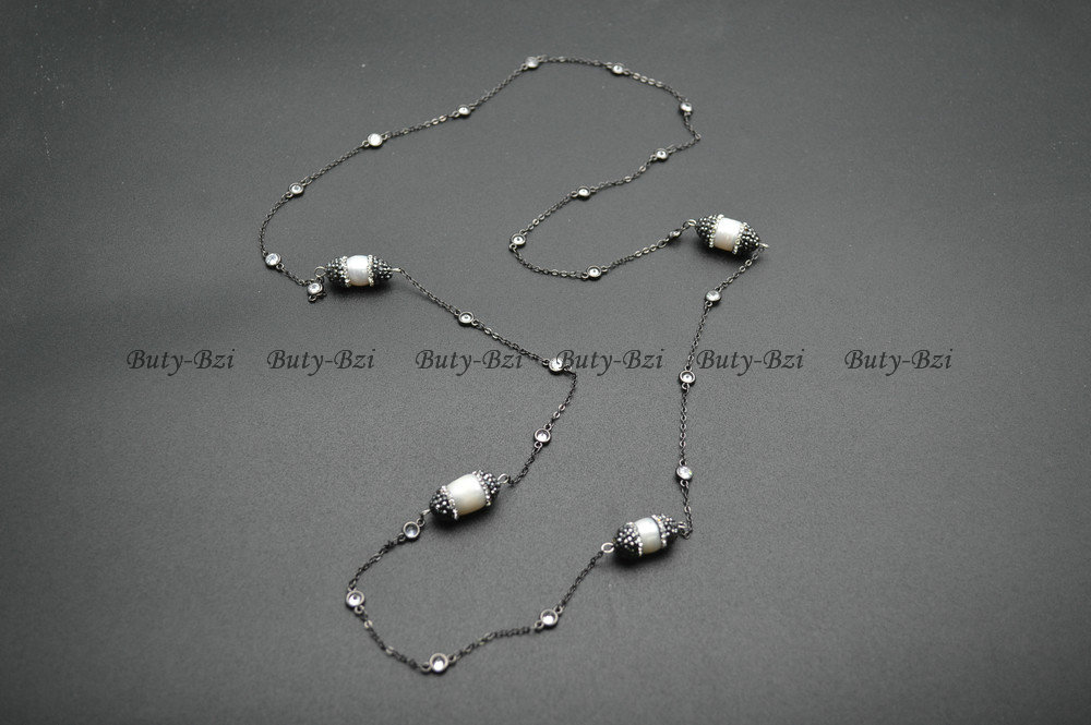 Paved Black Crystal Natural White Fresh Water Potato Pearl Linked with CZ Beads Long Chains Necklace Fashion Sweater Jewelry