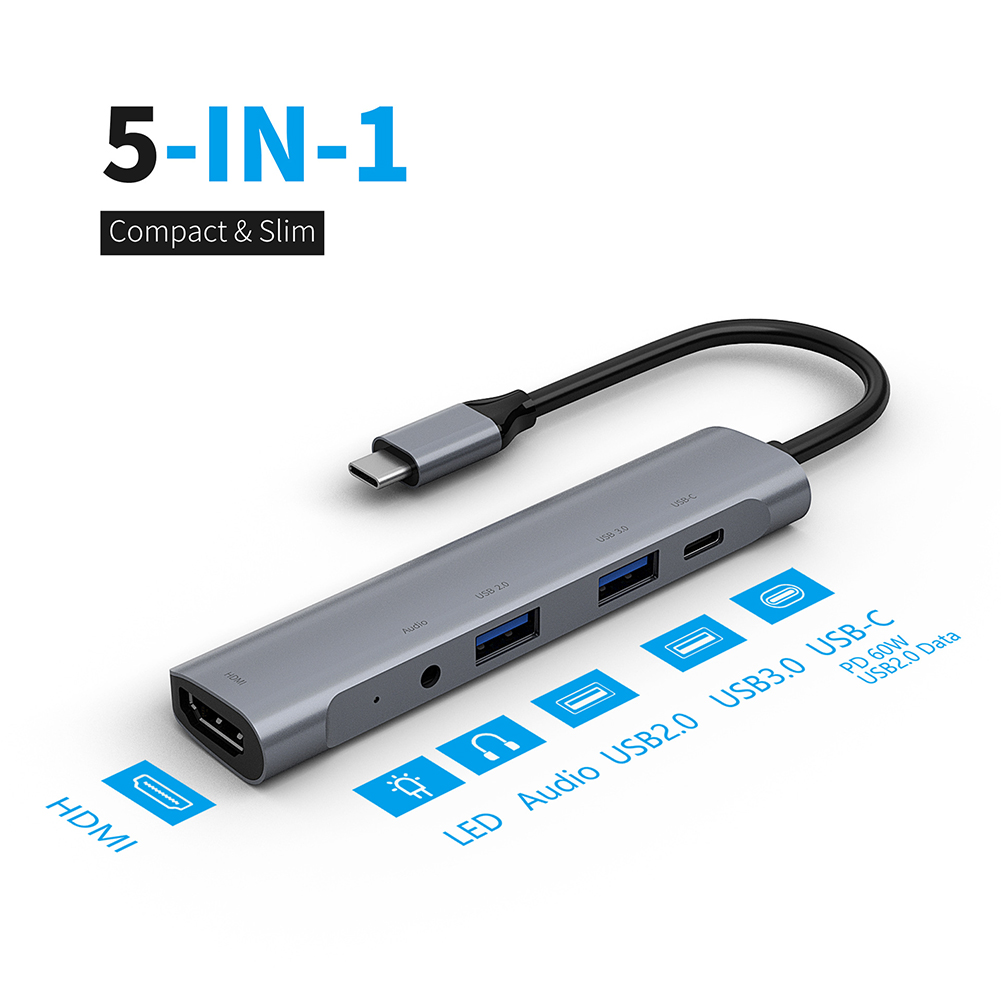 5 in 1 USB C Hub Type C to HdMI 4K USB 3.0 2.0 60W USB PD Charger 3.5mm Jack Adapter for Laptop PC Computer