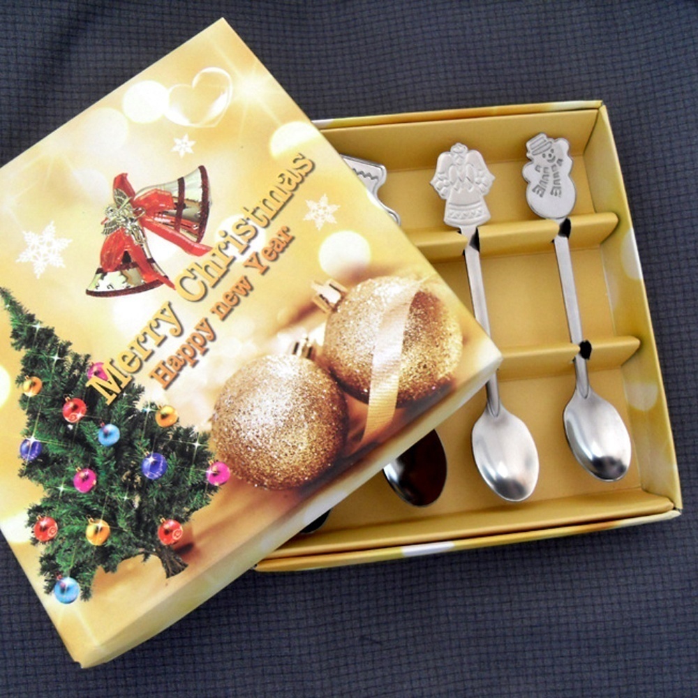 4pcs/set Drinking Kitchen & Dining Snowman Christmas Tree Ice Cream Tea Scoops Tableware Kids Spoon Xmas Coffee Spoons