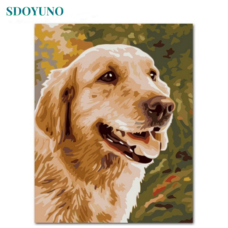 SDOYUNO diy frame oil painting by numbers for adults Golden retriever dog pictures by numbers on canvas animals wall art paint