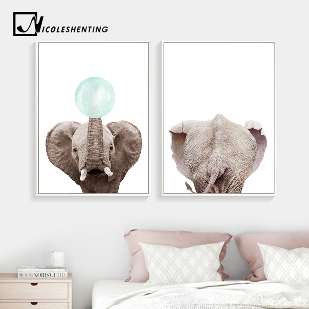 Woodland Animal Gum Bubble Canvas Poster Elephant Wall Art Nursery Print Painting Nordic Kids Decoration Pictures Room Decor