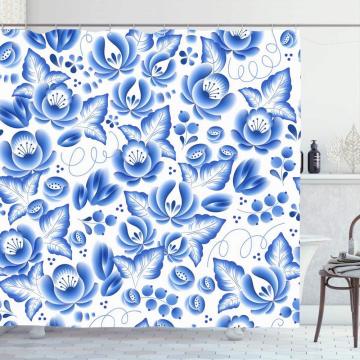 Shower Curtain Set with Hooks 60x72 Inches Blue Flowers Floral White Stylish Russian Colorful Folk Typography Gzhel Porcelain