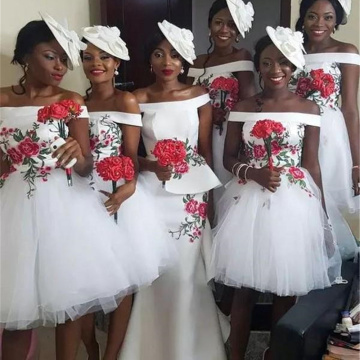 Short White Bridesmaid Dresses 2019 Boat Neck Off The Shoulder Knee Length Tulle Cheap African Wedding Guest Dress Custom Made