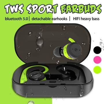 TWS bluetooth 5.0 Detachable Earhooks Earphones Headphone IPX7 Waterproof Sport 360 Degree HD Heavy Bass Earbud Headset with Mic