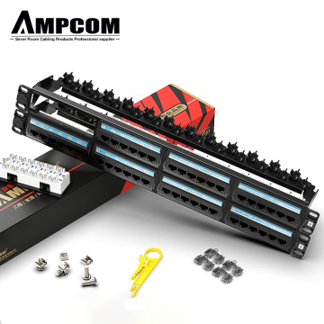 AMPCOM CAT5e CAT6 24/48 Ports Patch Panel, Rack Mount - 1U, 2U, 19 inch, 50u Gold Plated, with Rear Cable Management Bar