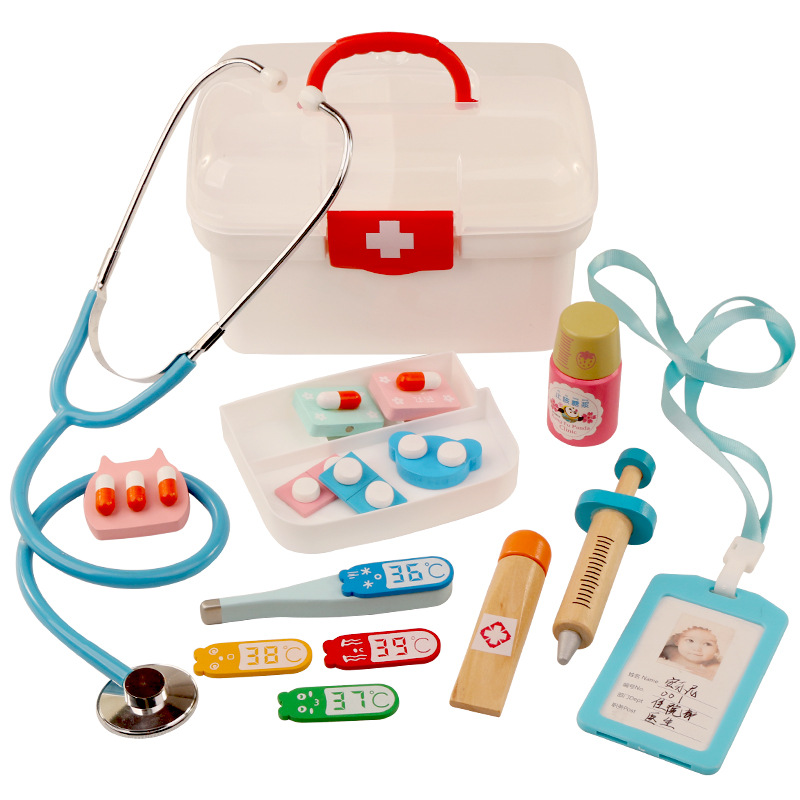 13Pcs/set Children Pretend Play Doctor Toys Kids Wooden Medical Kit Simulation Medicine Chest Set for Kids Interest Development