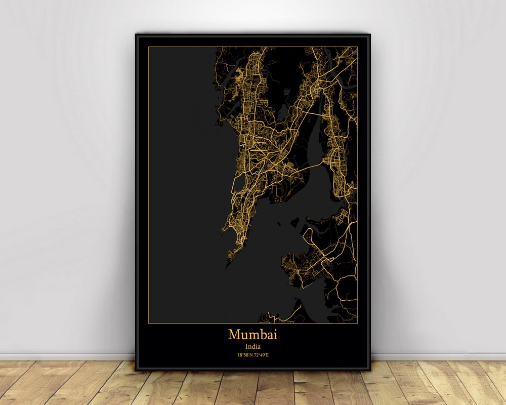 Mumbai India Black&Gold City Light Maps Custom World City Map Posters Canvas Prints Nordic Style Wall Art Home Decor
