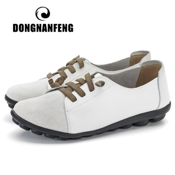 DONGNANFENG Women's Genuine Leather Mother Ladies Shoes Flats Loafers Ballerina Lace Up Soft Moccains Plus Size 43 44 MX-052