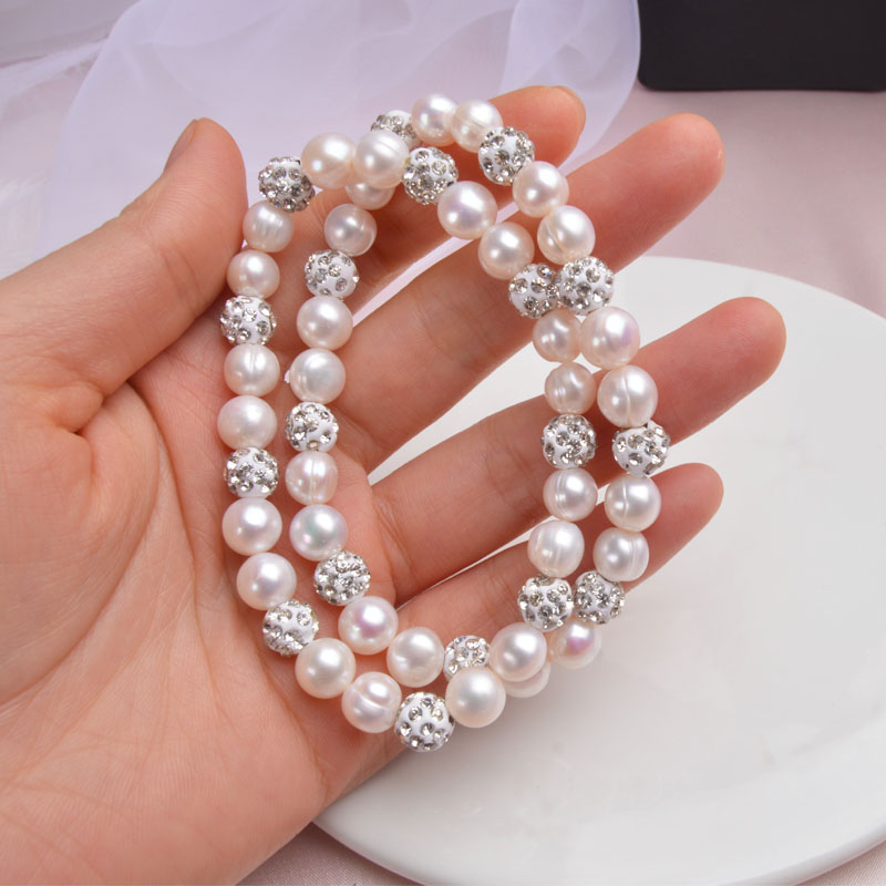 ASHIQI Genuine Natural Freshwater Pearl Bracelets Bangles For Women with White Clay Zircon Ball Elasticity Jewelry Gift