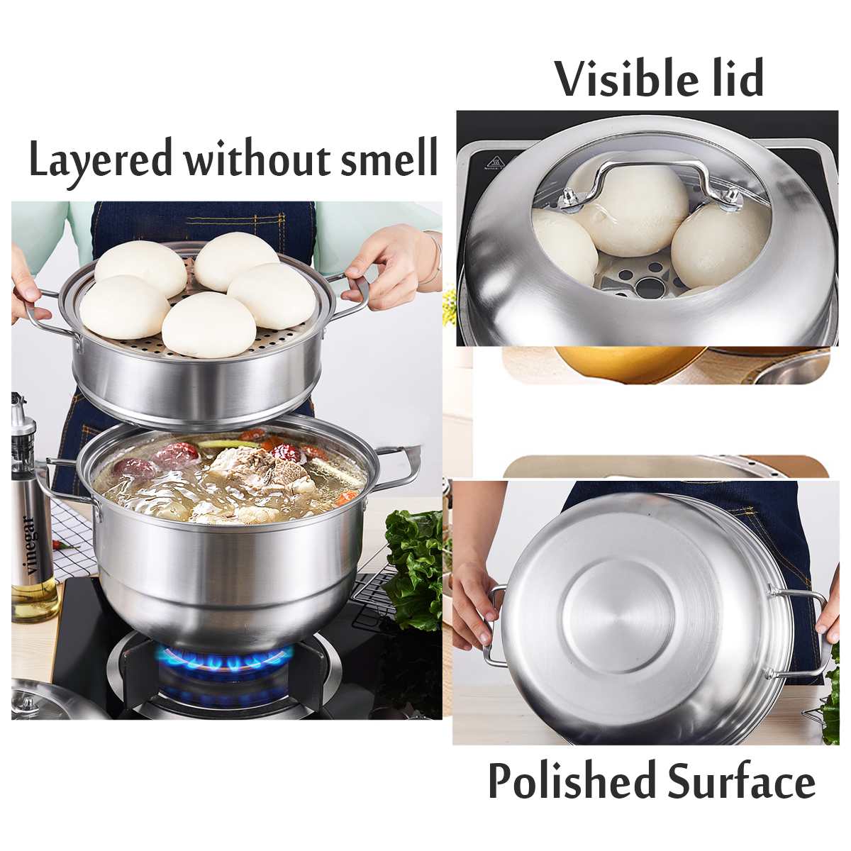 28cm Stainless Steel Boiler Soup Pot Two Three Layer Thick Steamer Pot Universal Cooking Pots for Induction Cooker Gas Stove