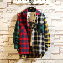 Men Shirts 2020 new personality patchwork red plaid street casual hip hop long-sleeved shirt men's loose shirt Streetwear