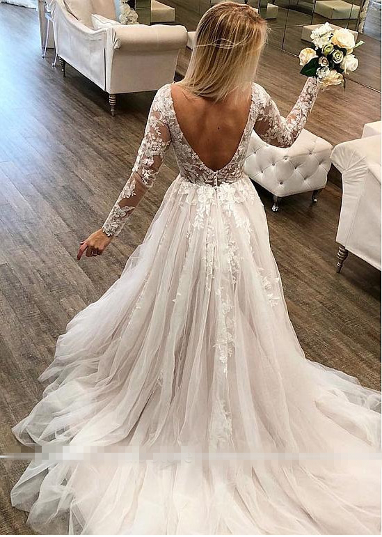 LORIE Long Sleeve Lace Wedding Dresses Boho 2019 Open Back Tulle Beach Bridal Gowns V-neck Princess White Wedding Gown Plus Size