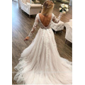 LORIE Long Sleeve Lace Wedding Dresses Boho 2019 Open Back Tulle Beach Bridal Gowns V-neck Princess White Wedding Gown Plus Size