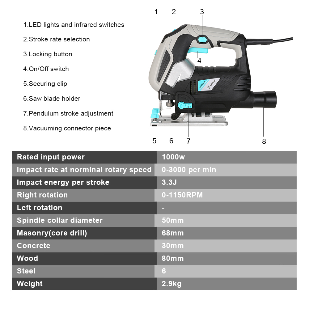 DEKO Jig Saw Variable Speed Electric Saw with 1 Piece Blades/1 Metal Ruler/2 Carbon Brushes/1 Allen Wrench Jigsaw Power Tools