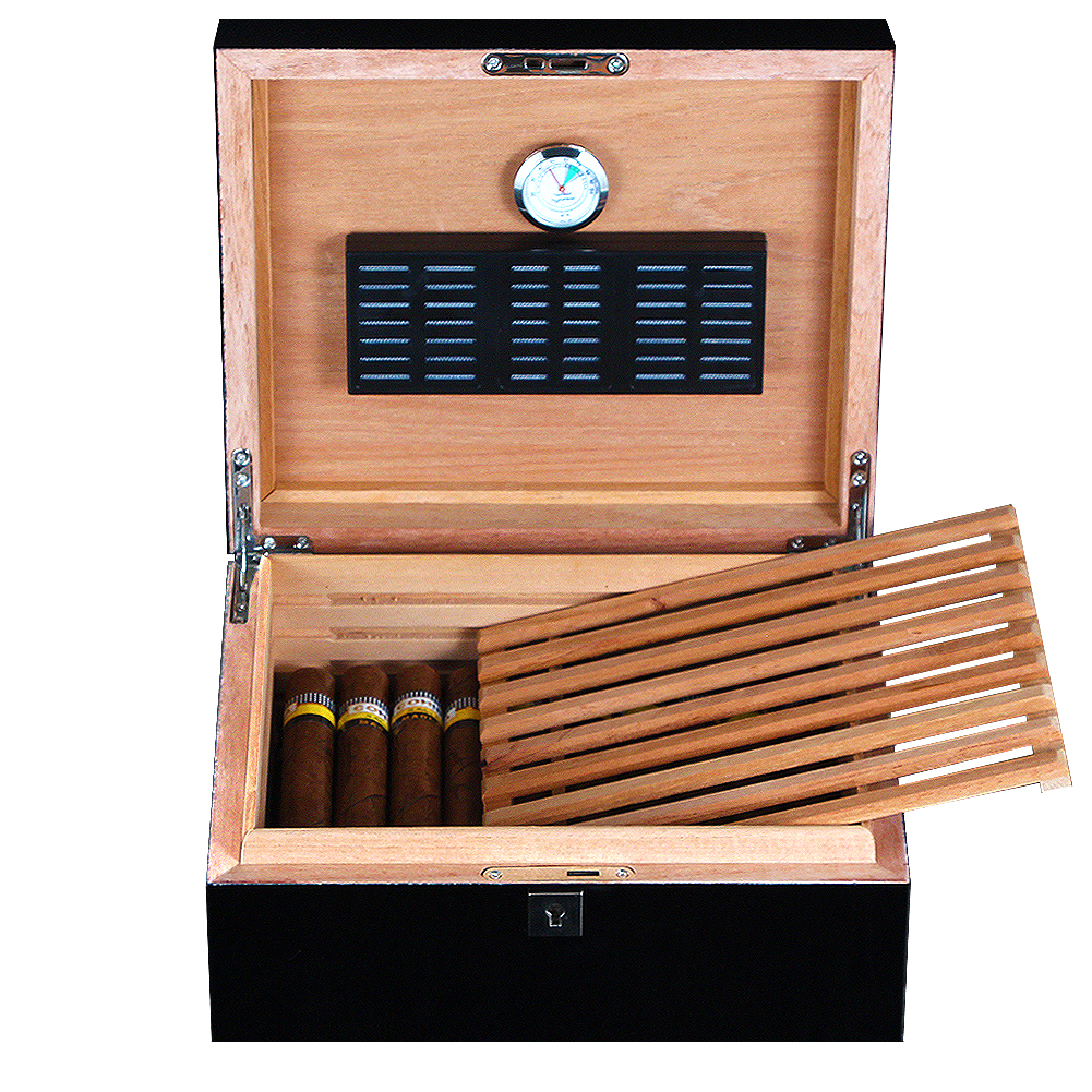 COHIBA Cedar Wood Cigar Box Black Glossy Luxury 30 CT Capacity Home Cigar Humidor Box W/ Hygrometer Humidifier