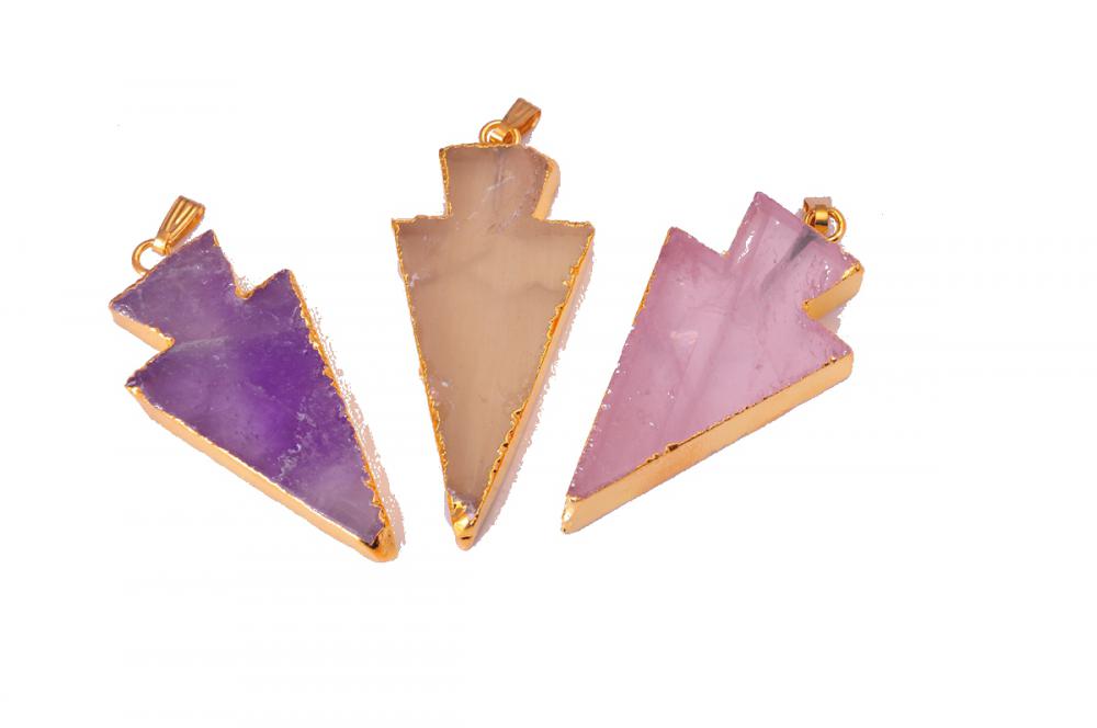 Raw Natural Gem Stone Gilding Arrowhead Pendant Necklace Rose Quartz Amethyst