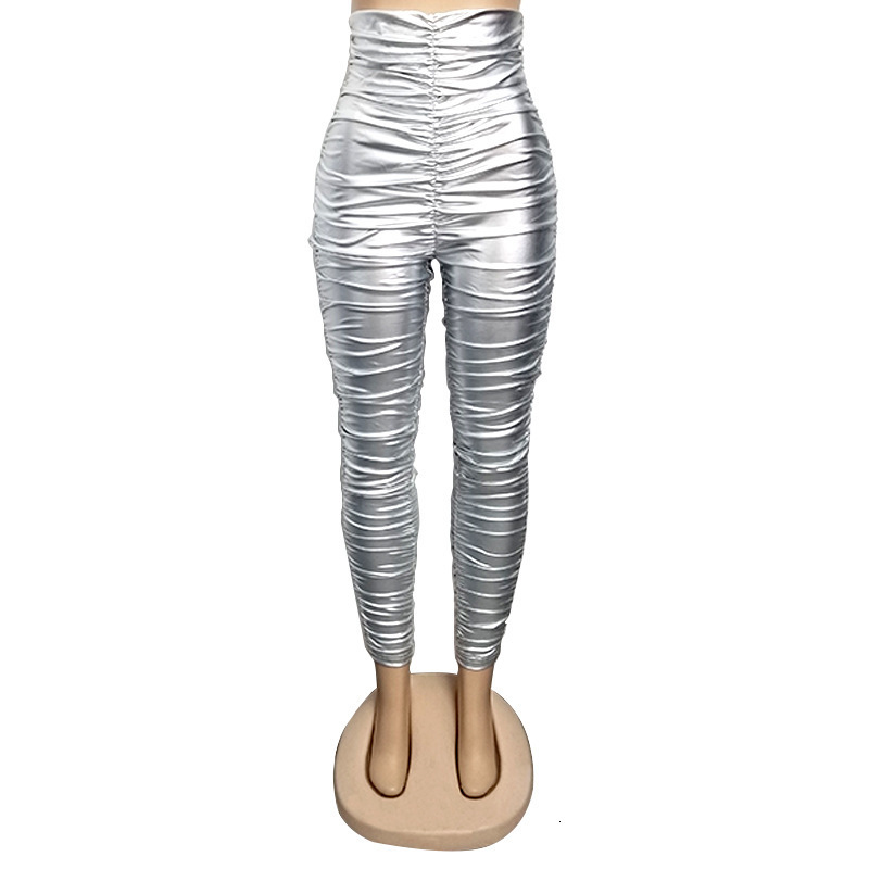 DEAT 2021 Spring Sexy High Waist Pants Bodycon Silver Pencil Causal Pants Autumn Female Slim Women Pants Trousers MH705