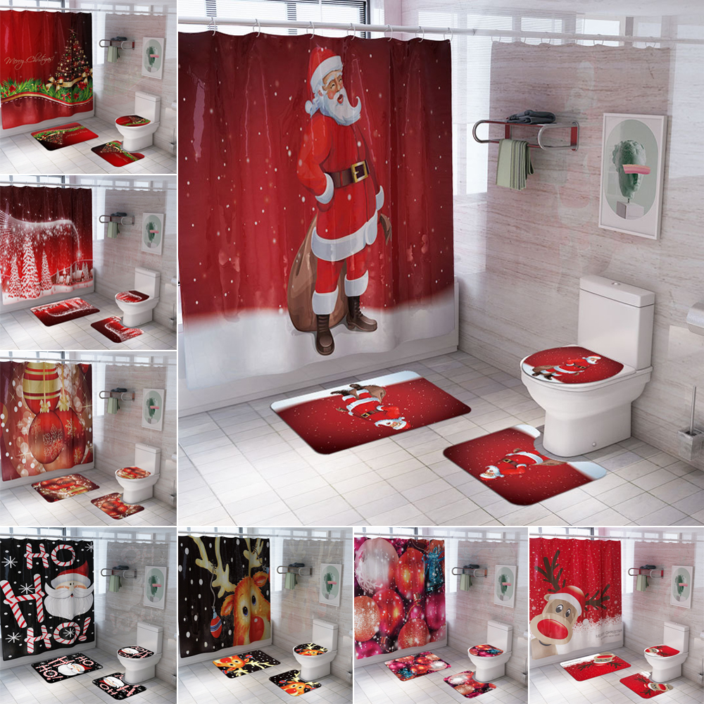 Bipoobee Merry Christmas Shower Curtain New Year Bathroom Suit Santa Claus Reindeer Snowflake Toilet Cover Mat Non Slip Rug Set