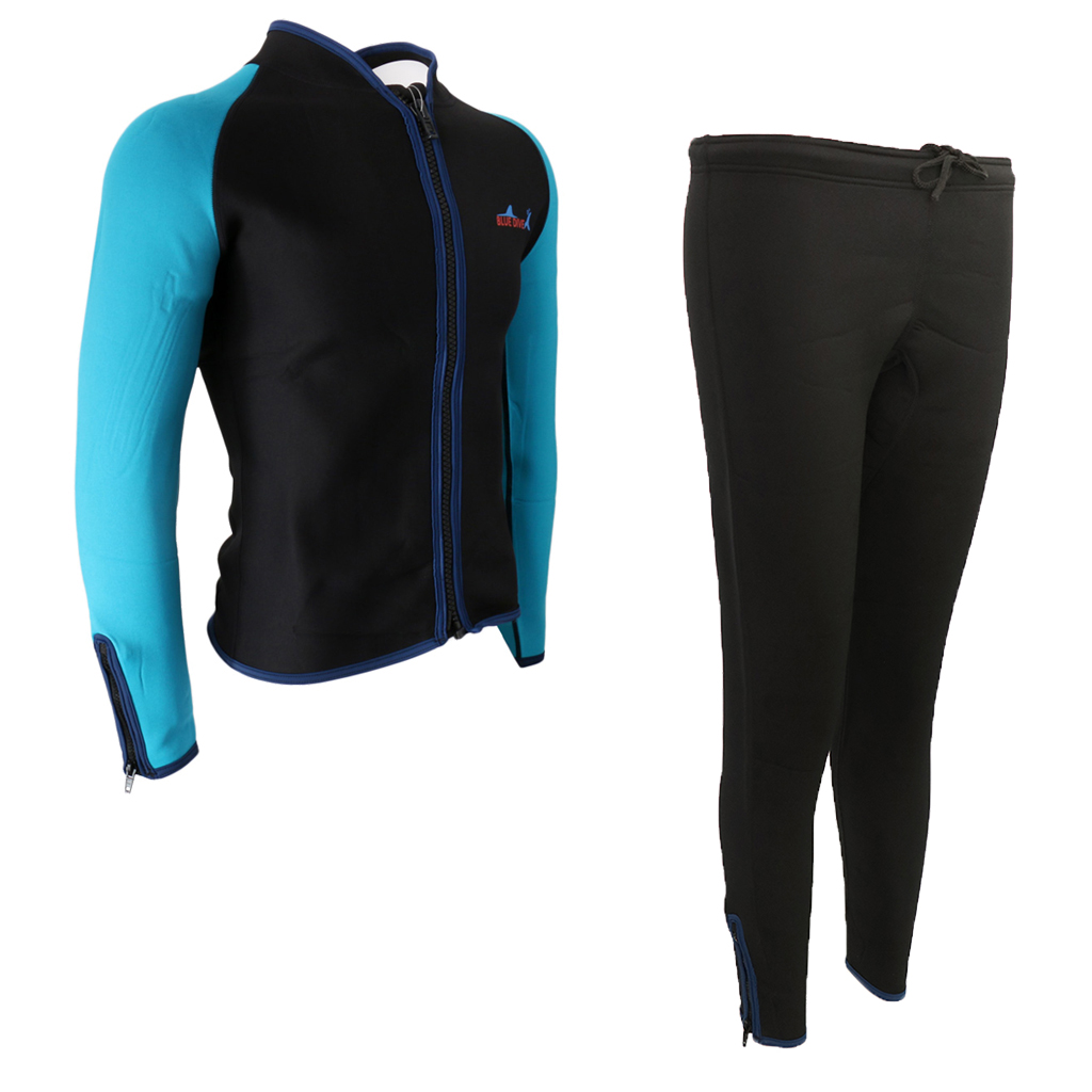 Mens 2mm Neoprene Elastic Zipper Jacket Top Long Pants Split Wetsuits Diving Suit Swimsuit Surf Scuba Dive Snorkeling