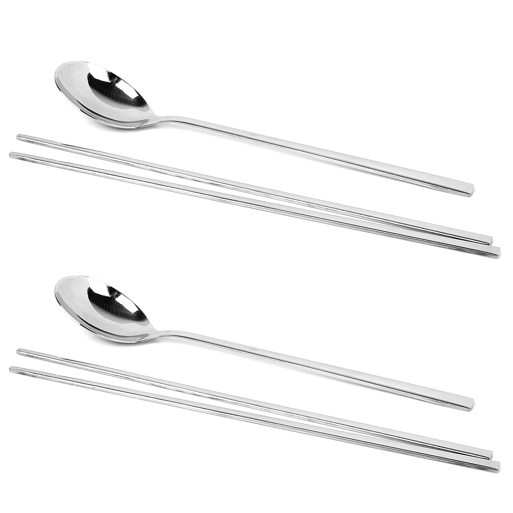 2 Set Korean Style Stainless Steel Tableware Set 2 Pairs Chopsticks + 2 Pcs Spoons Dinnerware Chopsticks Spoon Set
