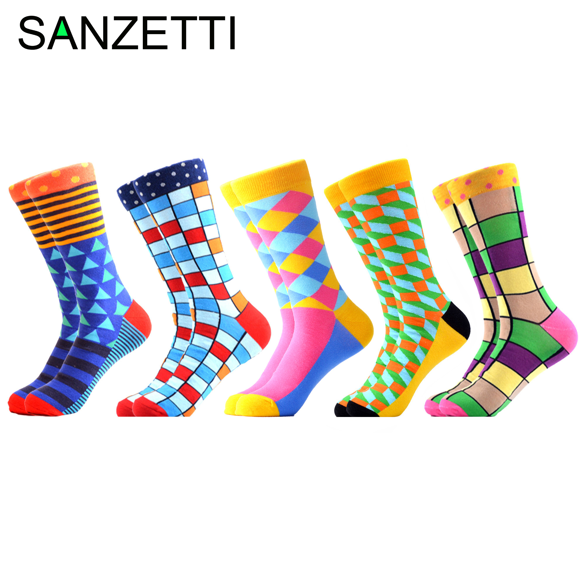 SANZETTI Men Socks Cozy Combed Cotton Funny Fantasy Diamond Stripe Wave Point Pattern Casual Happy Novelty Party Gifts Socks