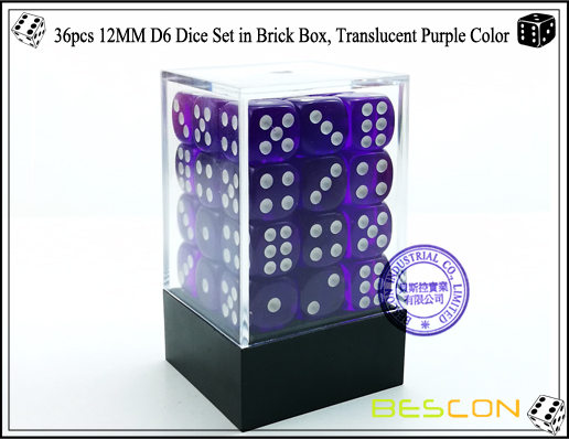 36pcs 12MM D6 Dice Set in Brick Box, Translucent Purple Color-1