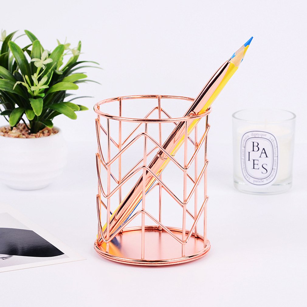 Hollow Rose Gold Metal Pen Pencil Stationery Holder Makeup Brush Cosmetic Organizer Metal Storage Box Lipstick Container Decor