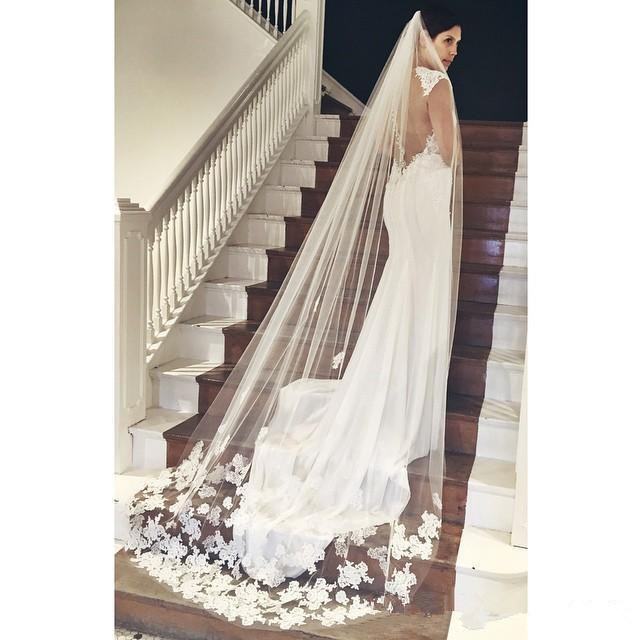 Best Selling Cheapest In Stock Long Bridal Veil Appliques 2019 Veu De Noiva Longo Wedding Veil Lace Purfle