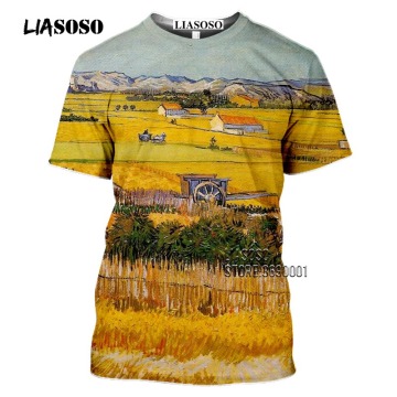 LIASOSO 3D Print Van Gogh Oil Painting Art Men's T-shirt The Night Cafe Yellow Wheat Fields Tshirt Women Summer Casual Shirt Tee
