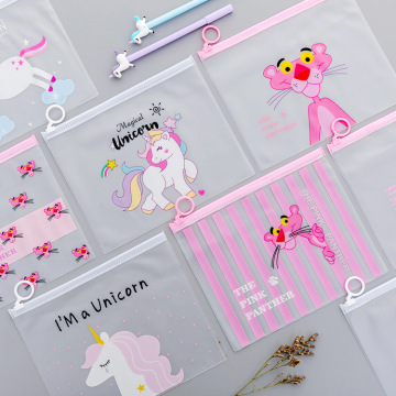 Cartoon Unicorn Pink Leopard Transparent PVC Document Bag File Folder Stationery Organizer