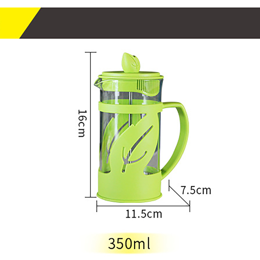 French Presses Green Plastic Handle Glass Body Stainless Steel Mesh 350ML Pots Coffee Maker Machine Extraction Coffee Tool