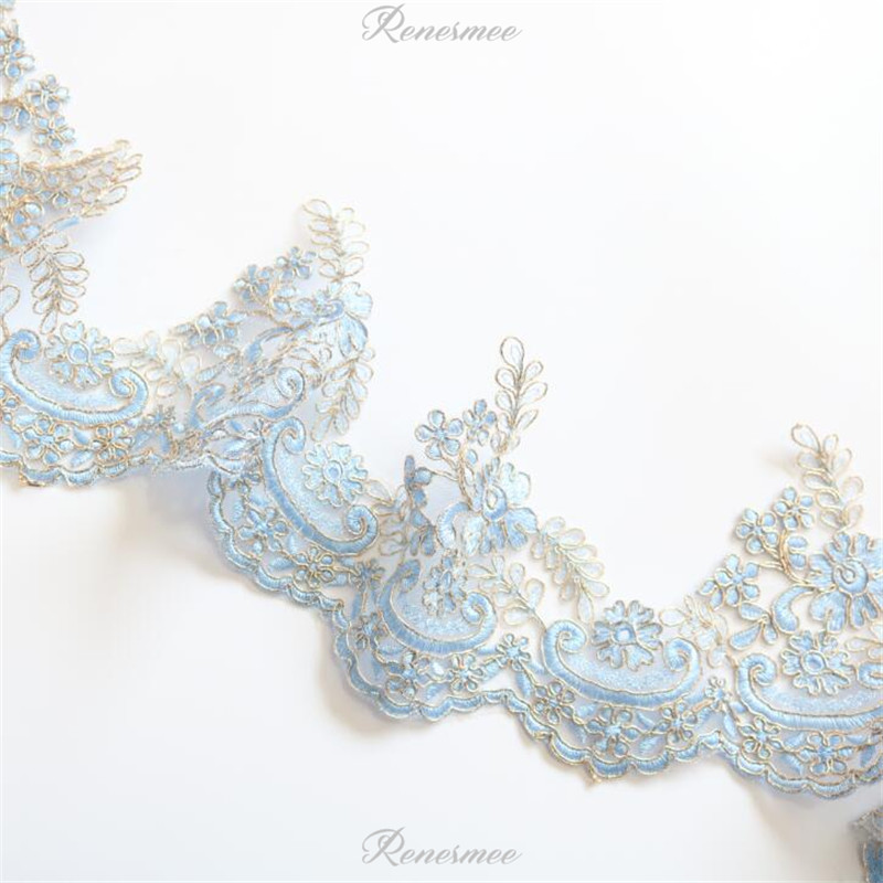 1Yd Exquisite Gold Outline Sapphire Sky blue Embroidery Lace Trimming Dress Home Textile Lace DIY Decorative Accessories 14.5cm
